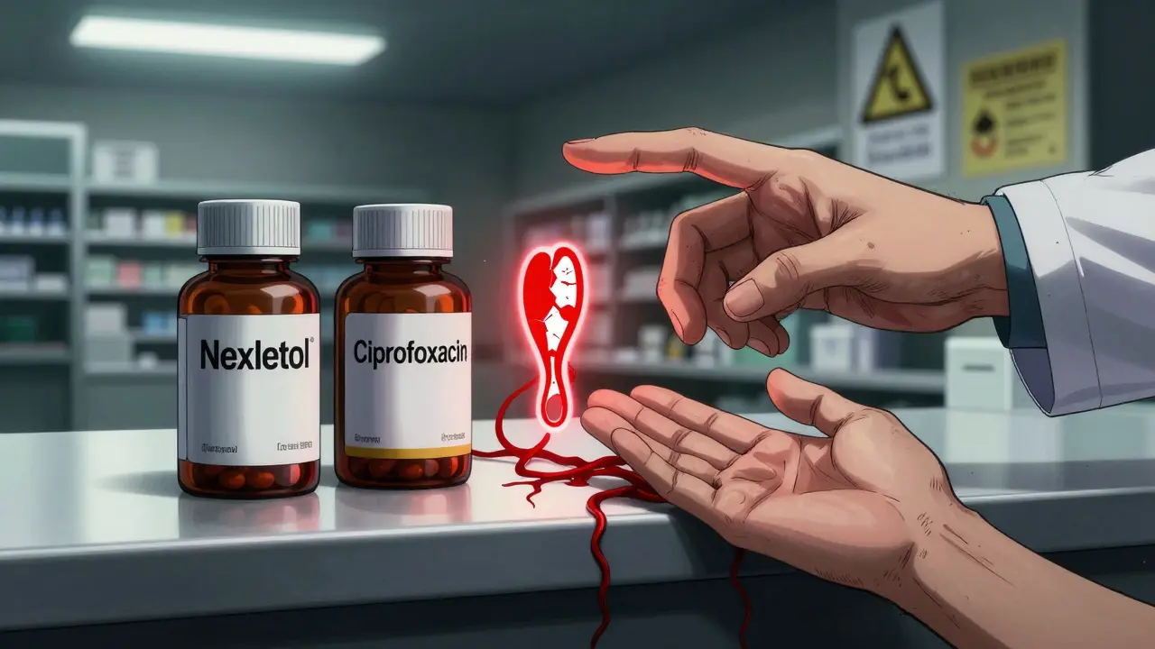 Two pill bottles side by side with a glowing tendon crack and shadowy warning tendrils between them.