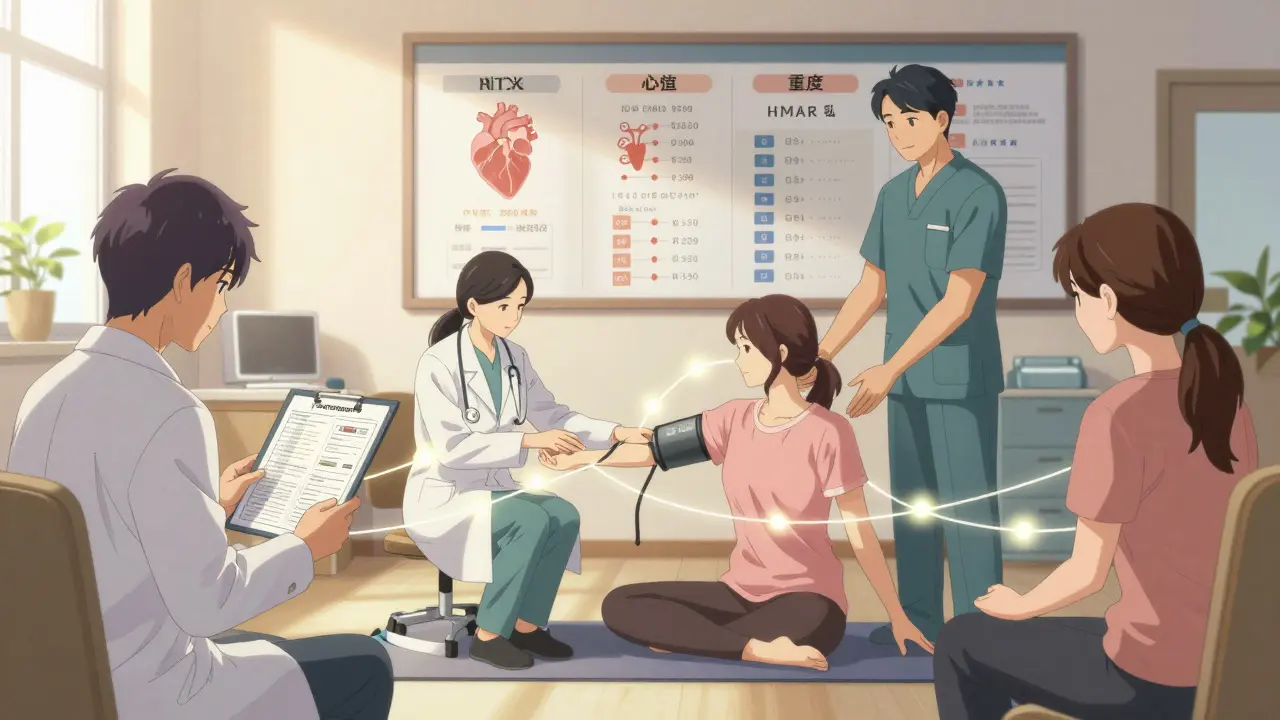 A care team collaborating in a clinic, guiding a survivor through coordinated health management.