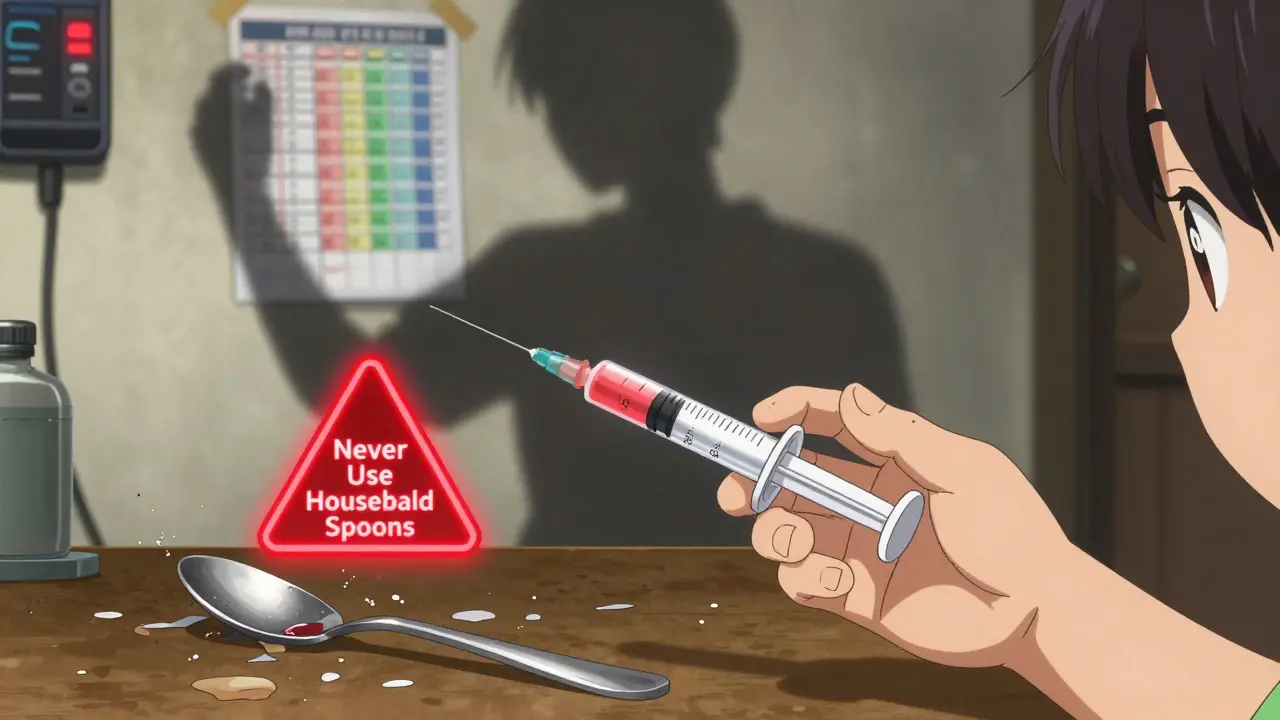 A child receives medicine from an oral syringe while a broken kitchen spoon lies nearby, highlighting dosing safety.