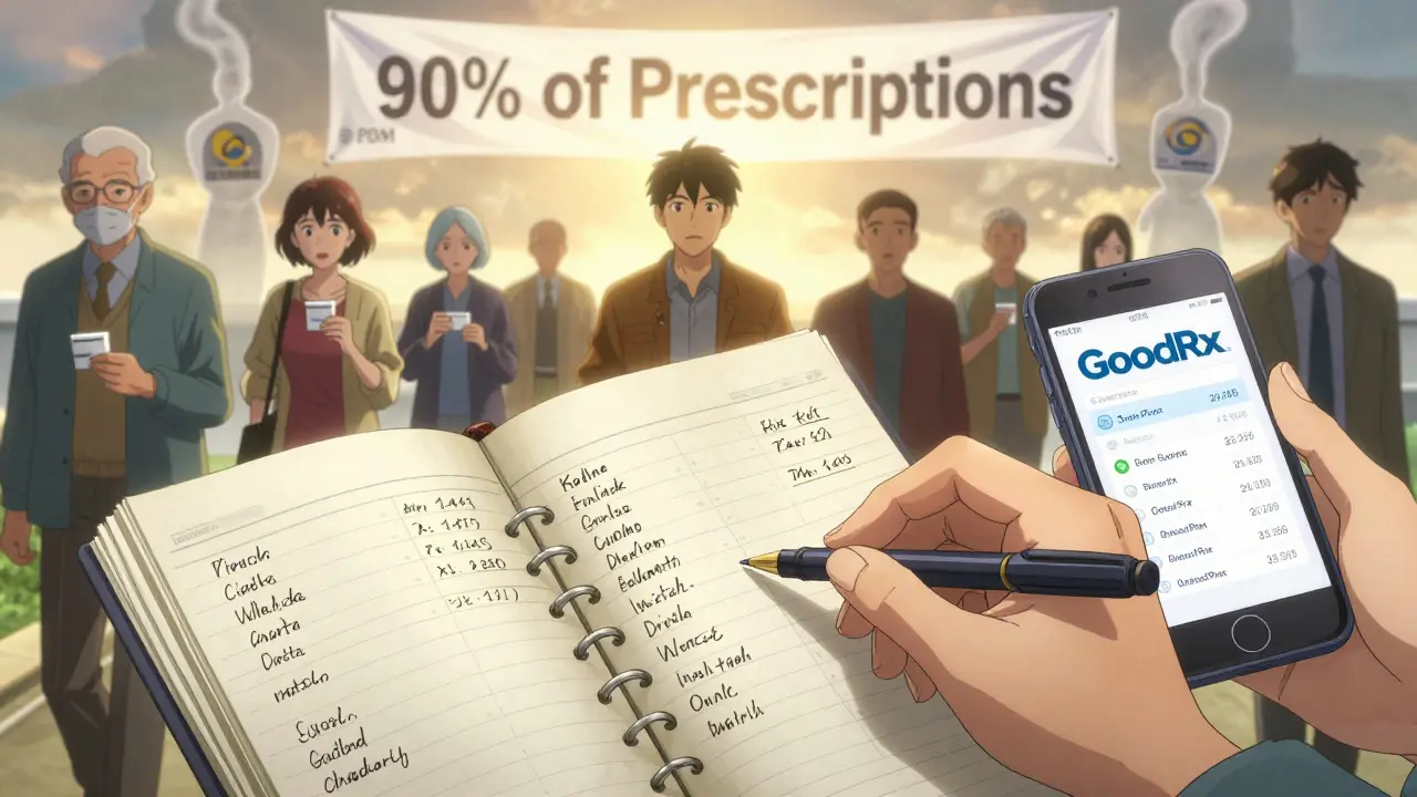 A hand using a smartphone to compare drug prices, with diverse patients walking toward a bright horizon of affordable medicine.
