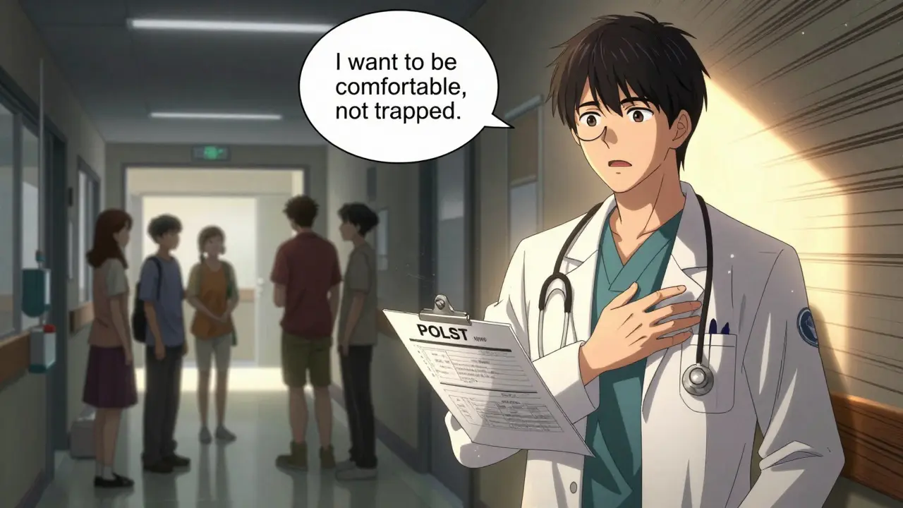 A hospital hallway at dawn where an agent stands firm against family conflict, memories of the patient's wishes glowing around them.