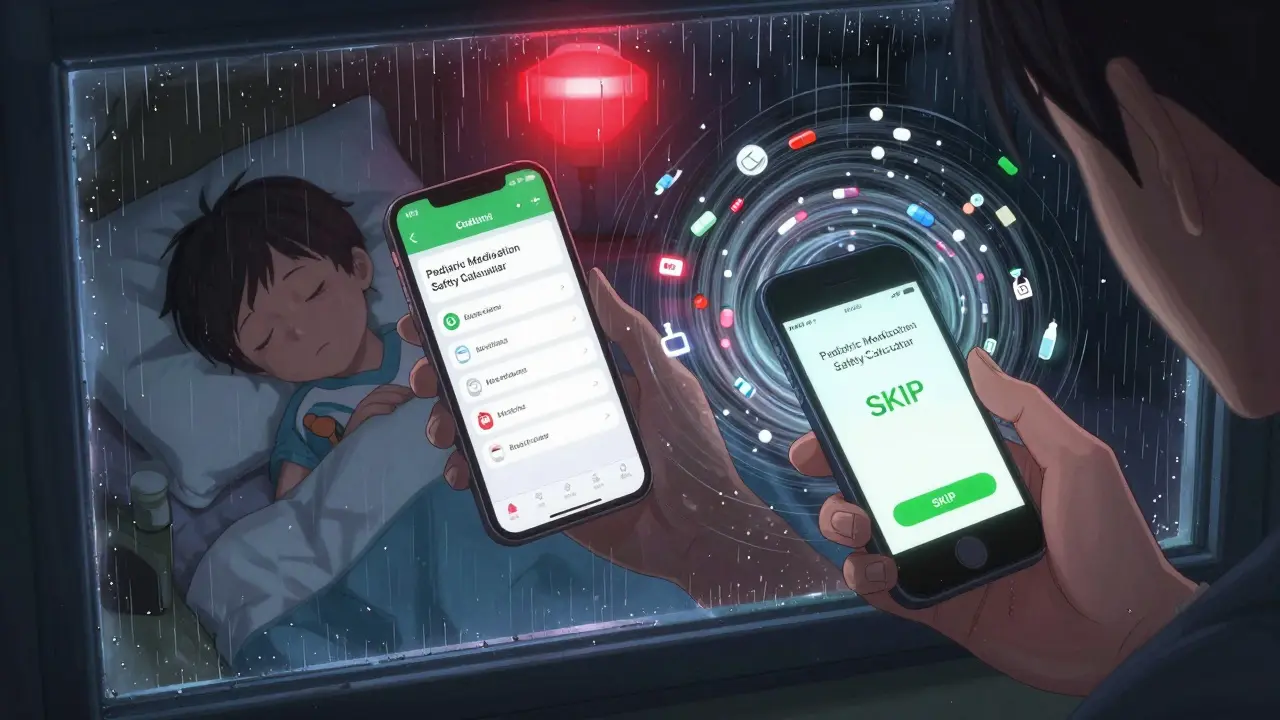 A parent calls a doctor as a safety app displays 'SKIP' on screen, with medical symbols swirling in the background.