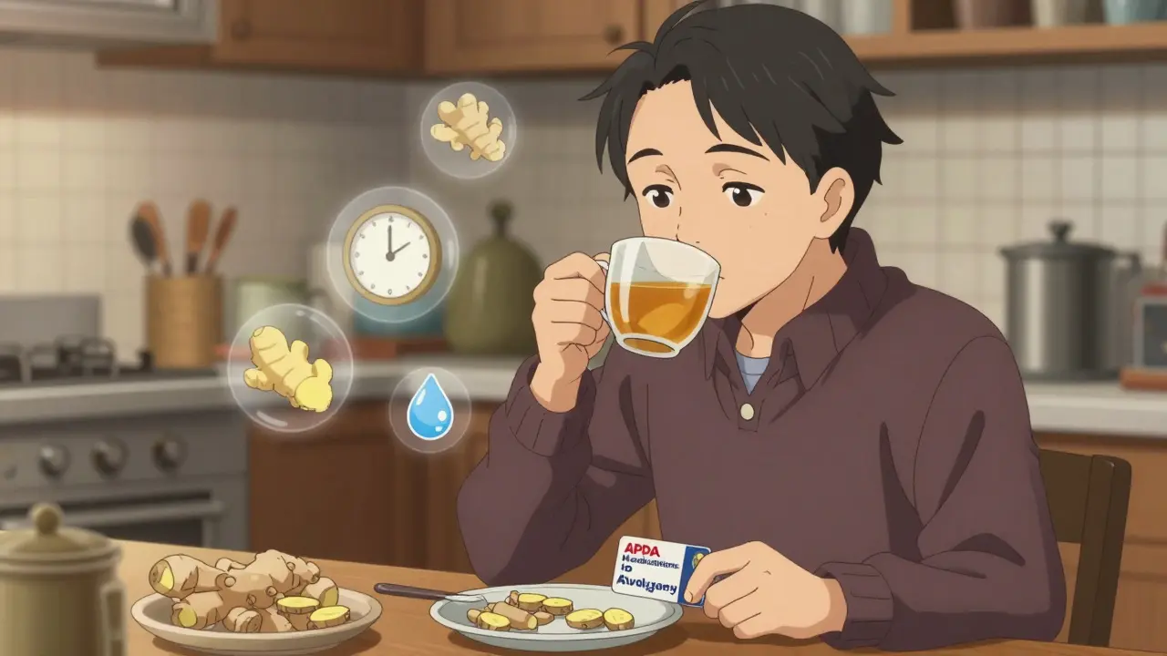 A patient drinking ginger tea and eating small meals, with a wallet card visible and floating icons of ginger, water, and clock.