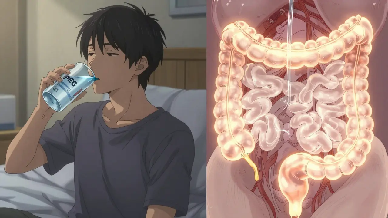 A person taking PEG laxative with a glowing, hydrated colon illustrated in soft golden light.