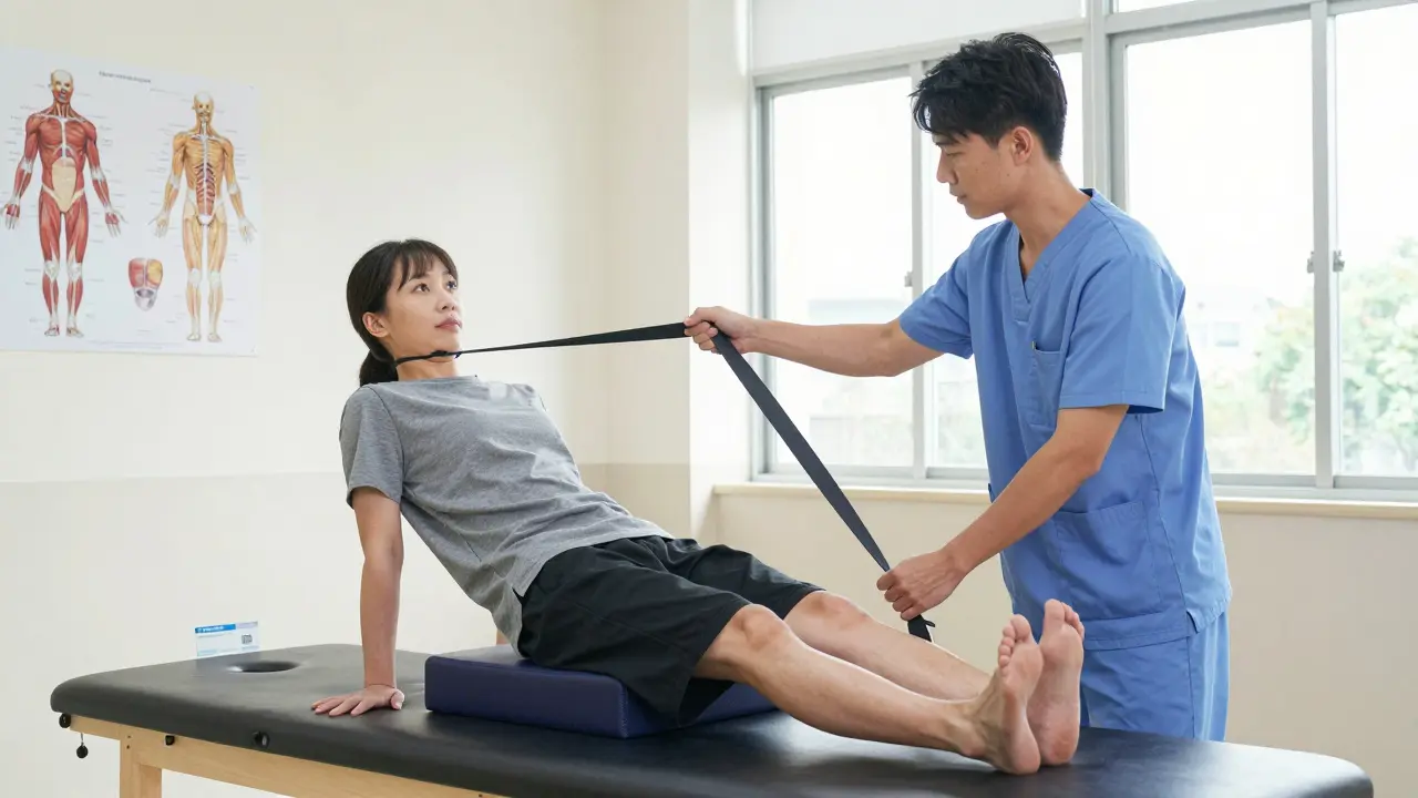 A physical therapist guiding a patient through a balance exercise in a well-lit clinic, emphasizing evidence-based therapy.