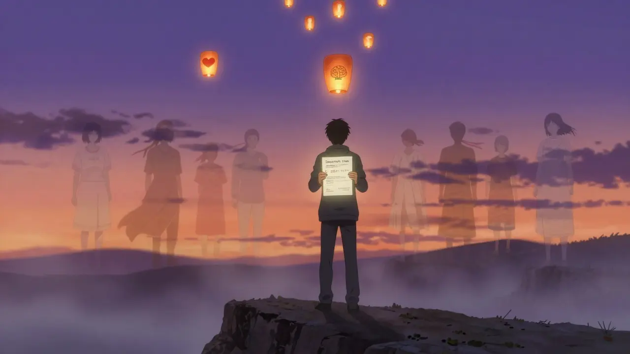 A survivor holding a glowing care plan as past struggles fade, with lanterns rising toward a hopeful horizon.