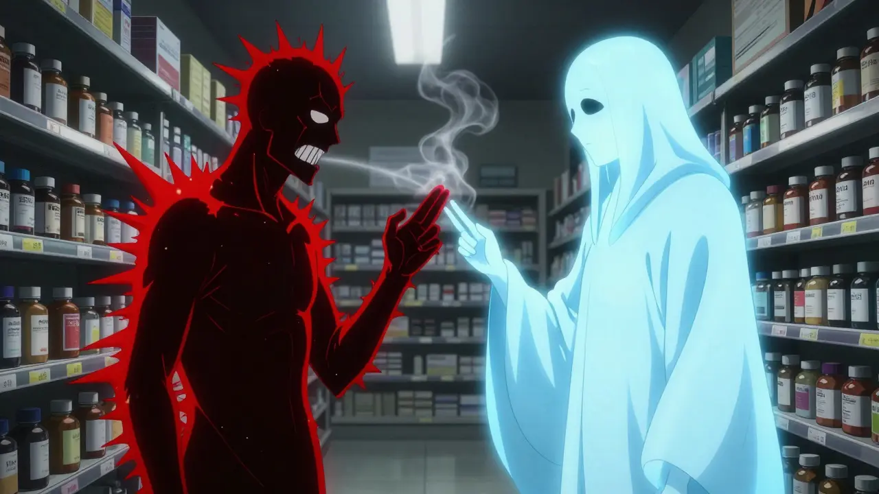 A symbolic battle between stimulant laxatives and PEG in a pharmacy, representing safety versus risk.