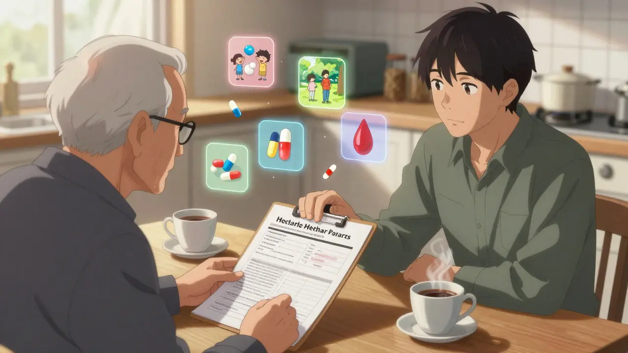An elderly person and their trusted agent discussing medication preferences at a kitchen table with symbolic icons floating above.