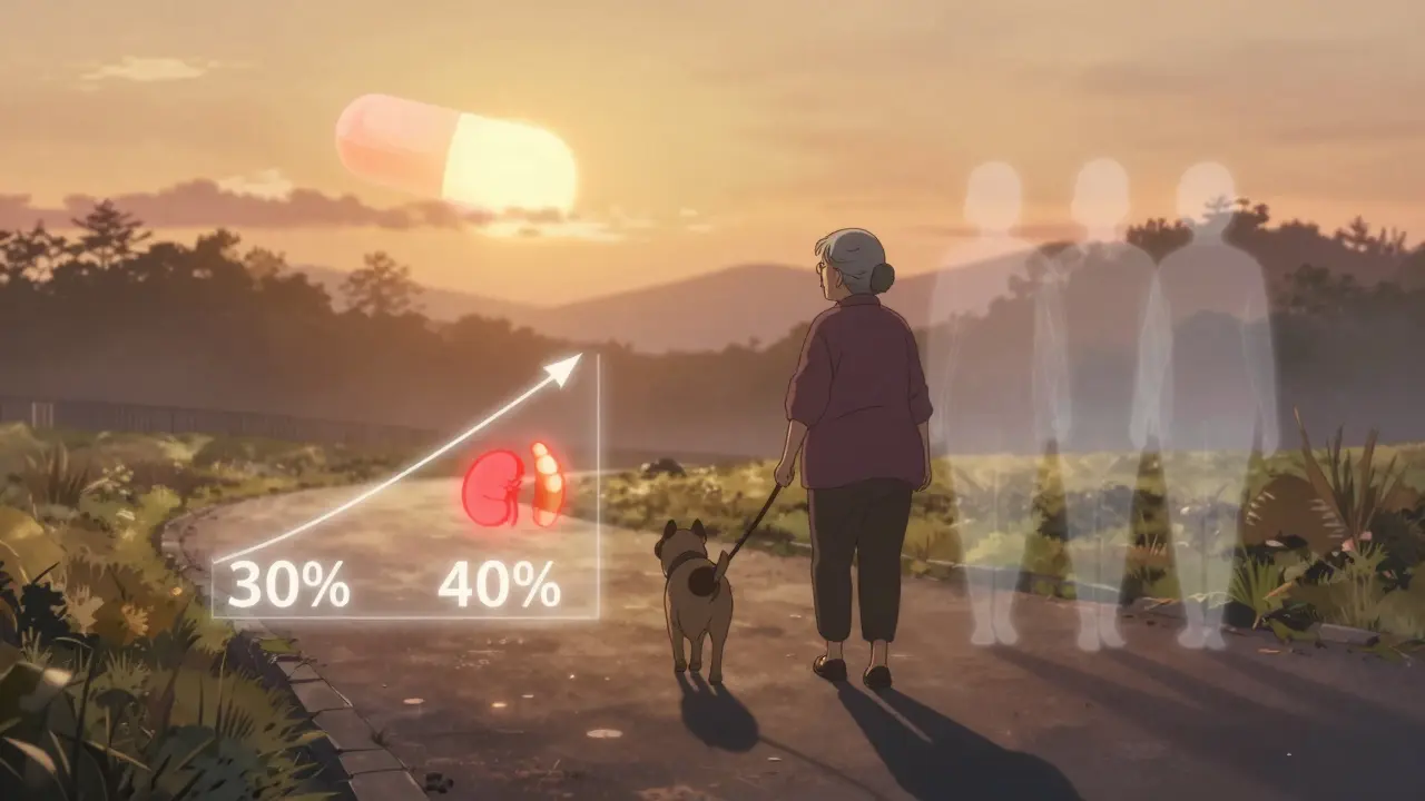 An elderly woman walks her dog at dawn, translucent medical overlays showing improved heart and kidney function, as fading illness shadows vanish behind her.