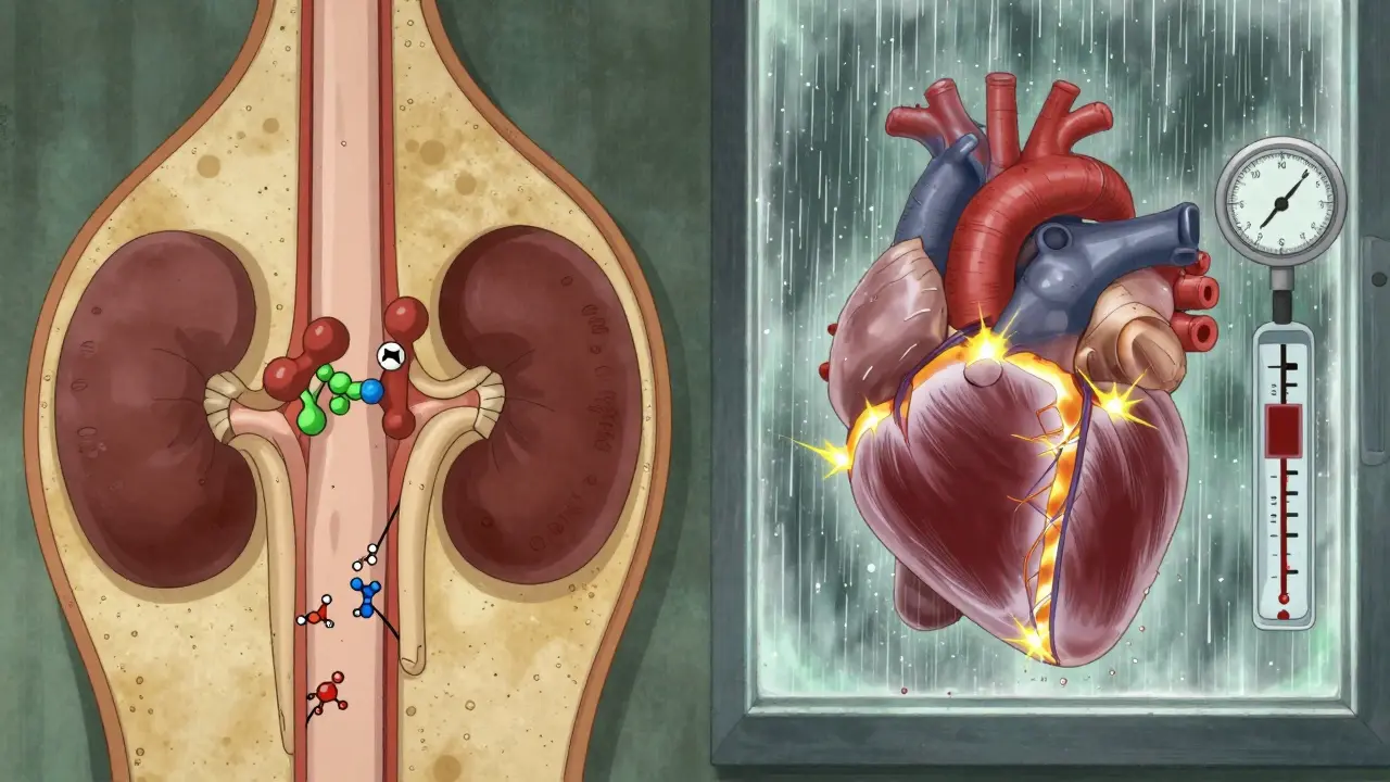 Cross-sectional view of a body showing blocked kidney SGLT2 proteins and a heart fueled by ketones, with falling rain and soft lighting representing healing.