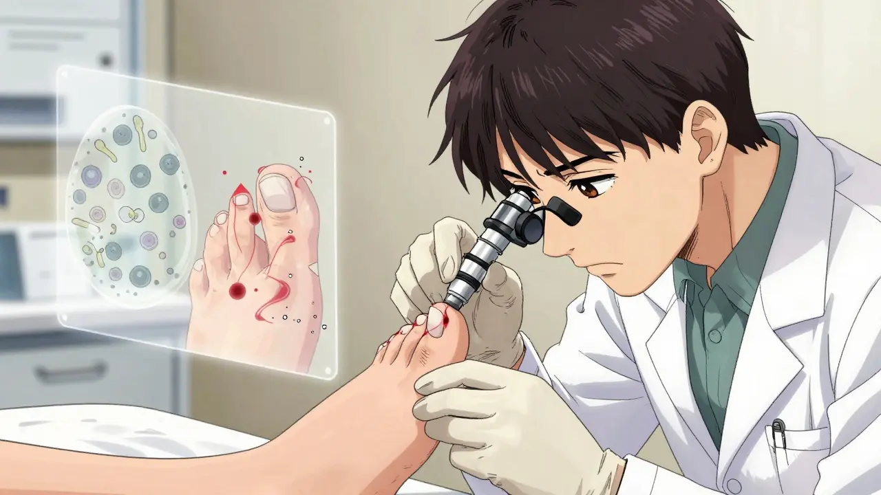 Dermatologist examining a nail under magnification, with floating diagnostic illustrations of fungal elements and immune activity.