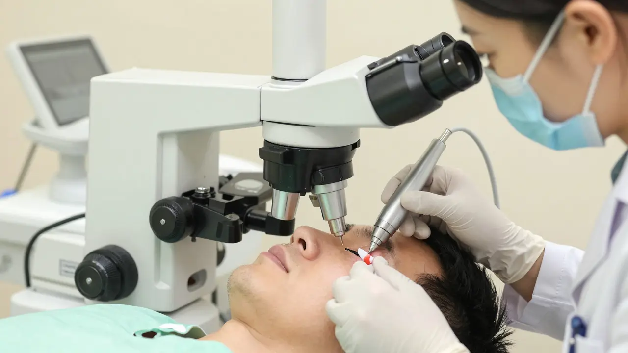 Doctor using microsuction tool to safely remove impacted earwax in clinic.