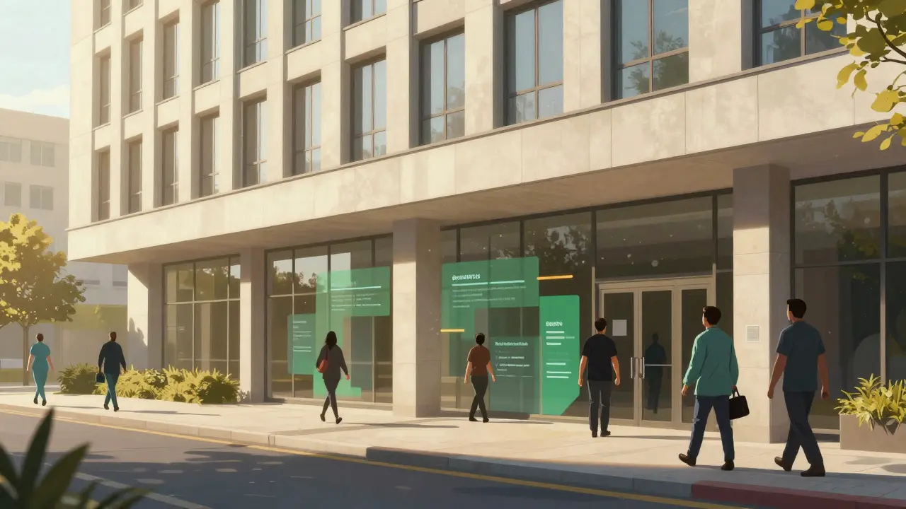 Modern healthcare building exterior bathed in morning sun.