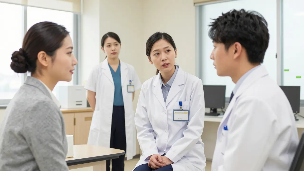 Patient consulting with a safety officer in a clinic room.
