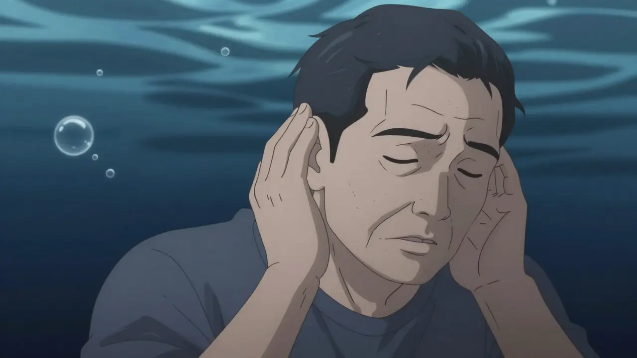 Person clutching ear with water effects symbolizing muffled hearing and dizziness.