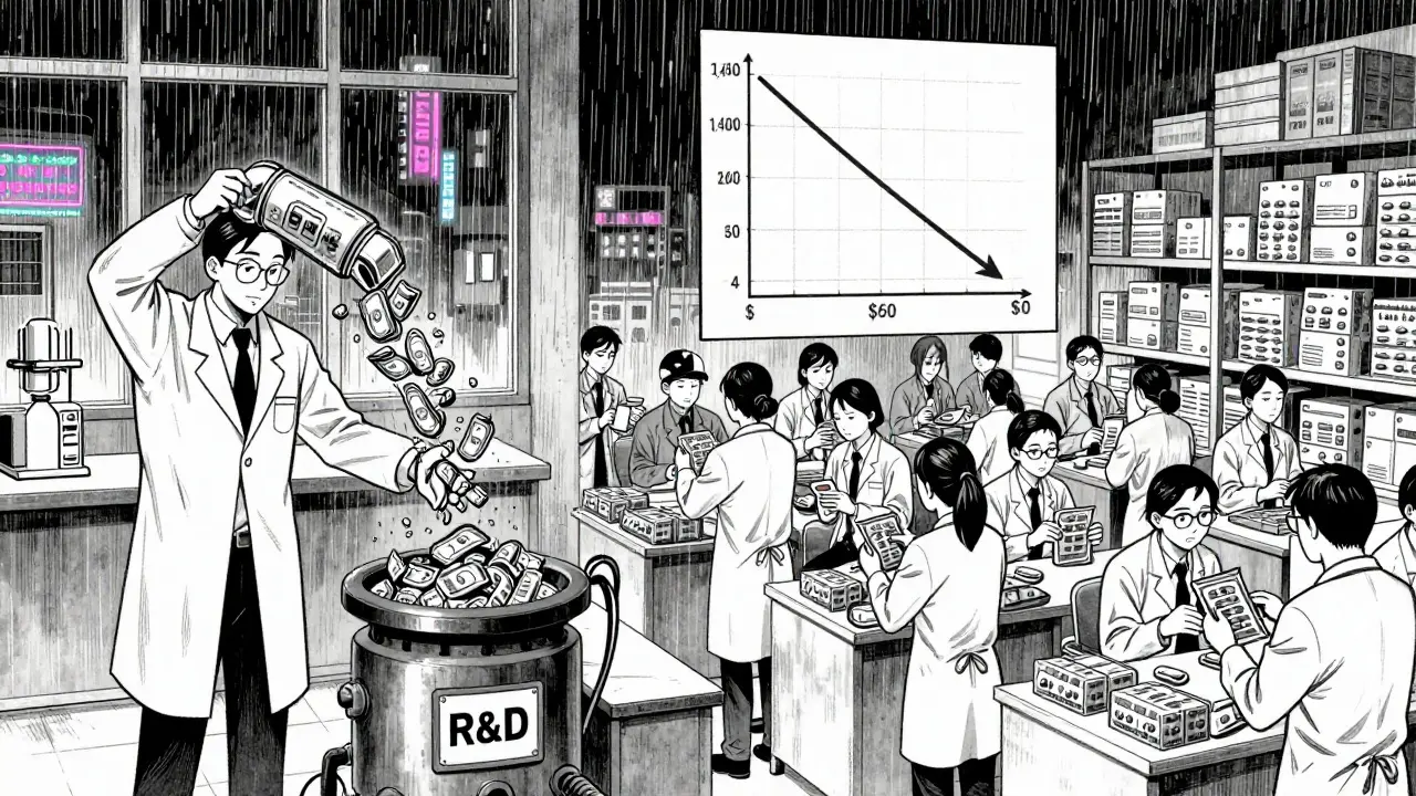 Split scene contrasting expensive drug development with efficient generic manufacturing, illustrated with falling price graphs.