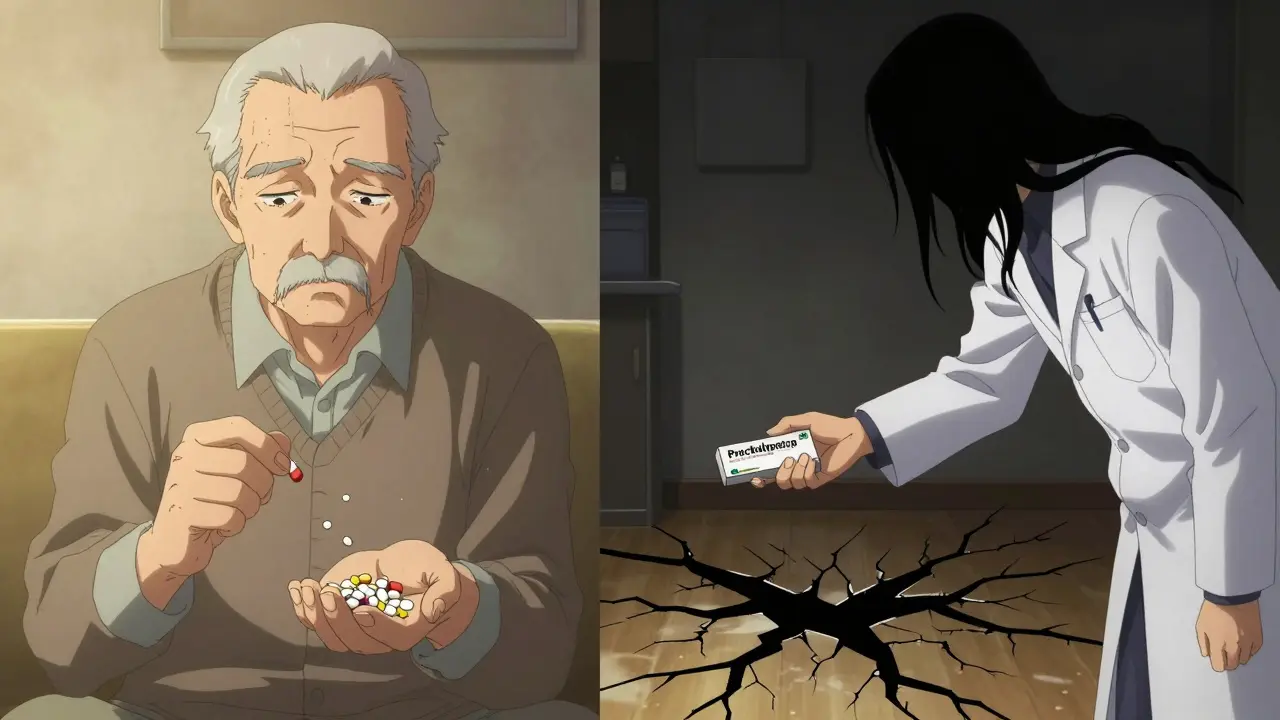 Split scene: one side shows safe domperidone pills with golden light, the other shows dangerous prochlorperazine with cracking shadows.