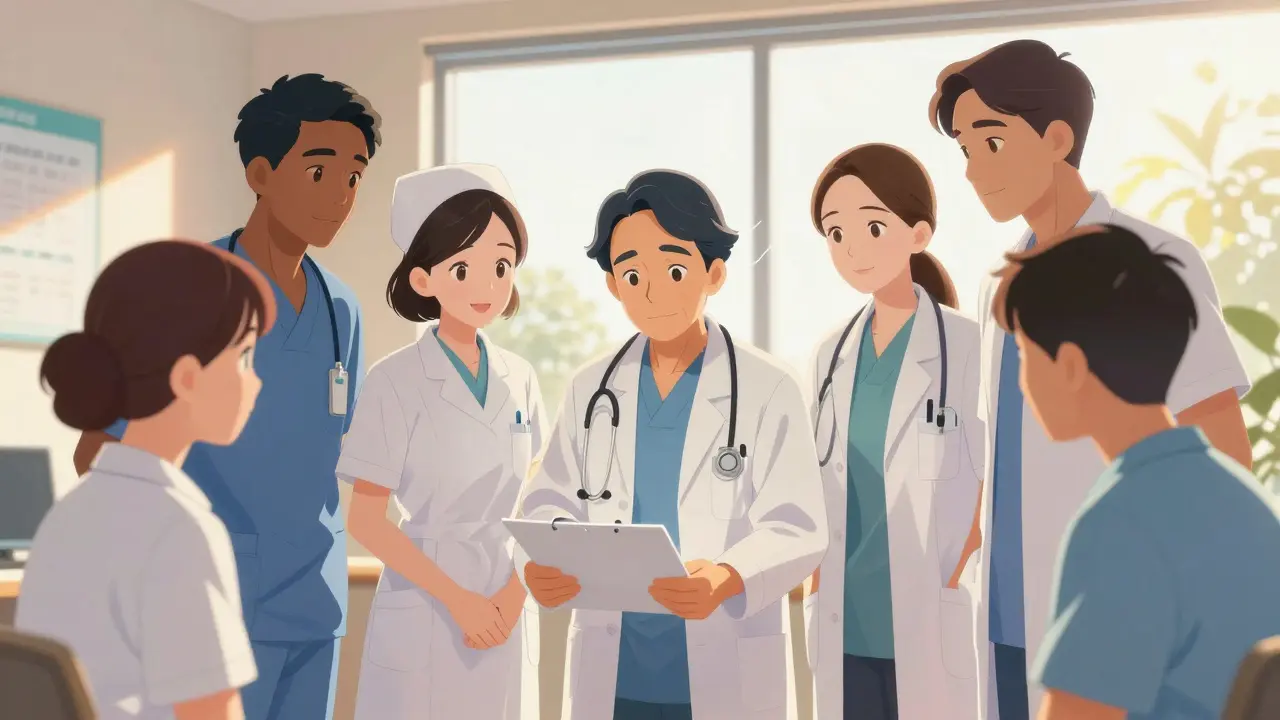 A medical team of doctors and practitioners collaborating in a bright, modern office.