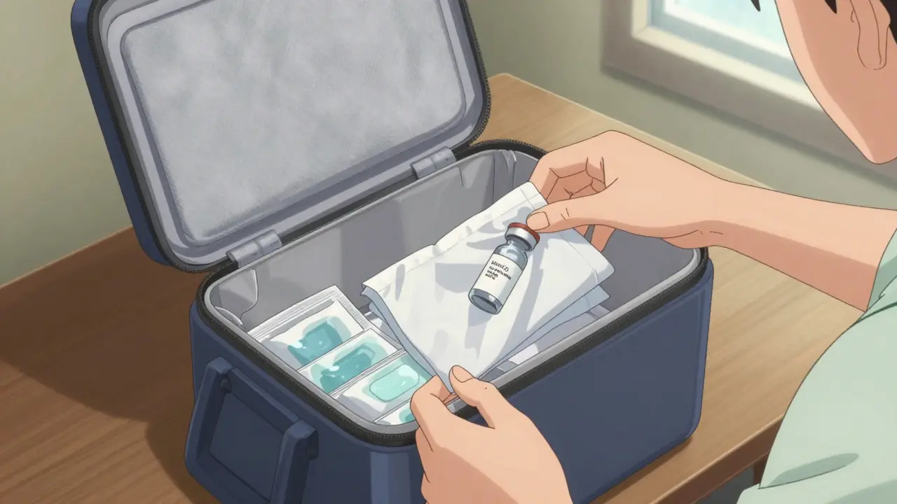 A person packing a medication vial into a professional insulated travel cooler