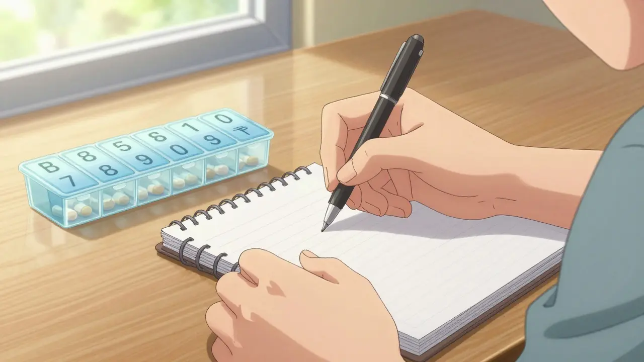A person recording medication doses in a diary next to a pill organizer