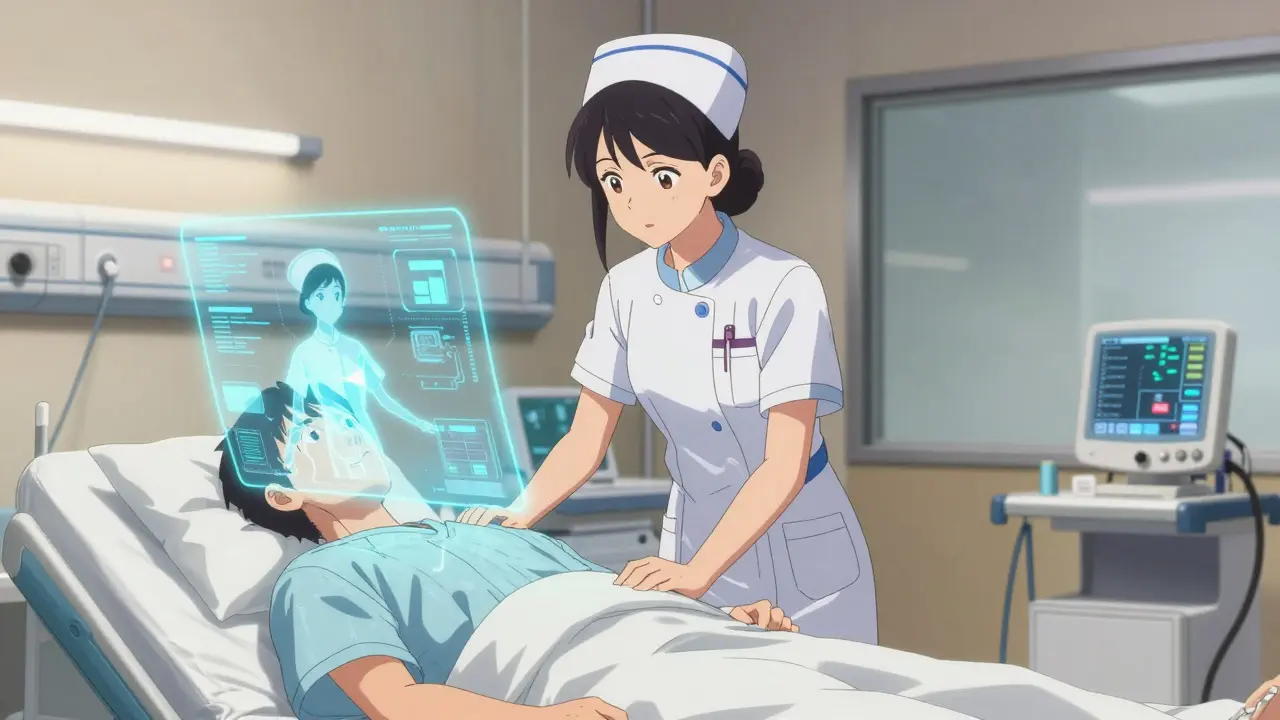 Bedside nurse working alongside a virtual nursing holographic interface in a ward.