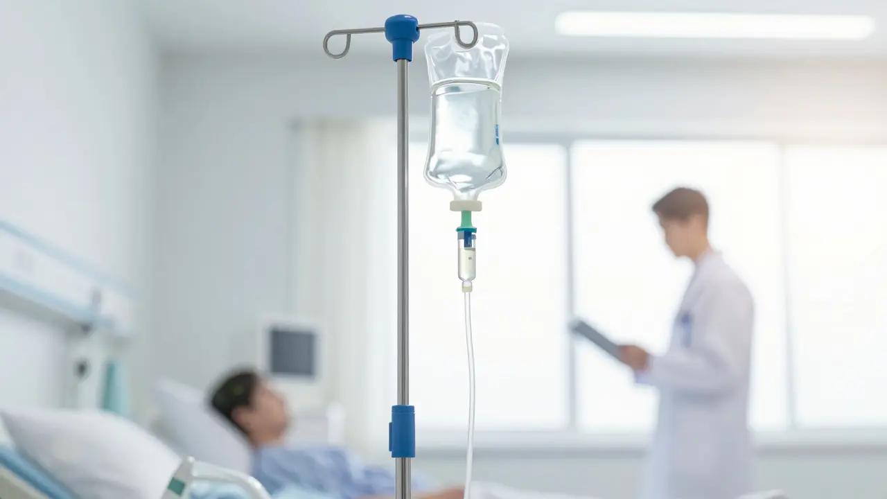 Close-up of an IV saline drip in a sterile hospital setting