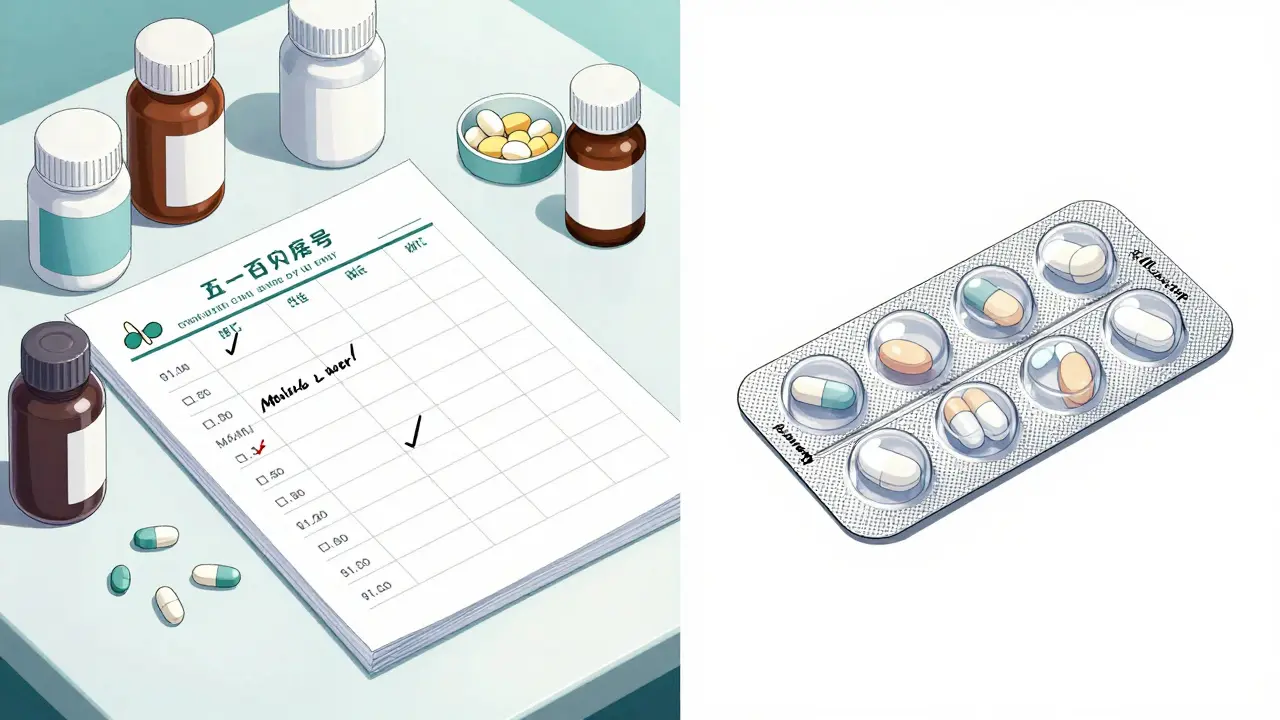 Comparison between a chaotic pile of pill bottles and an organized blister pack.