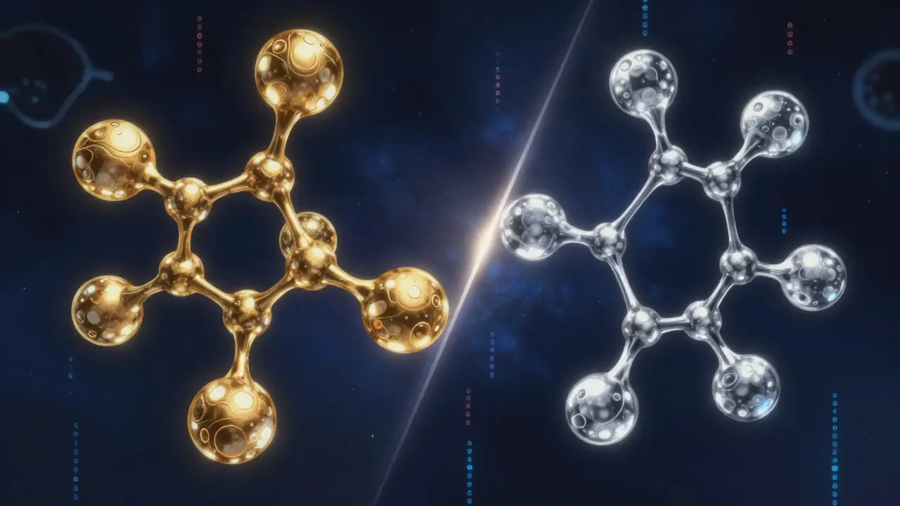 Comparison of a brand biologic and biosimilar molecular structures in anime style.