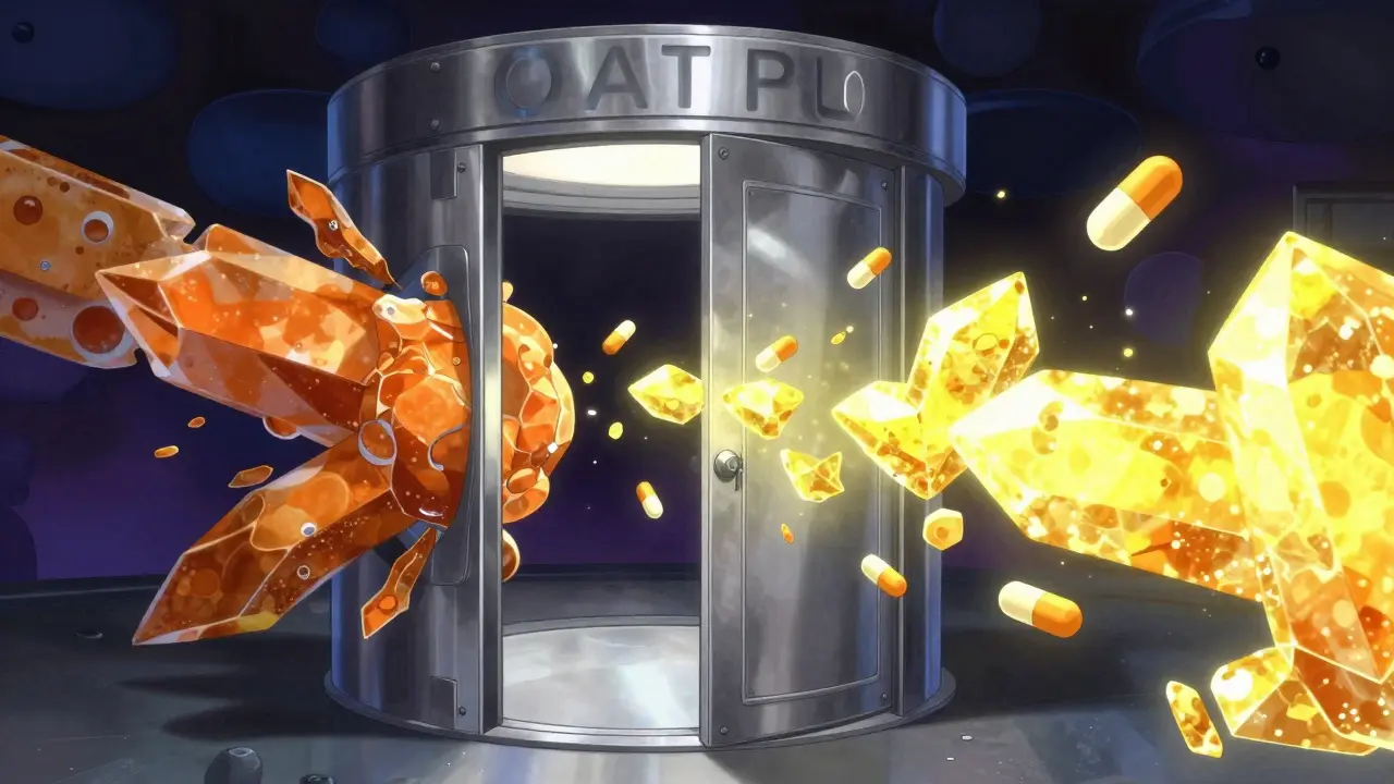 Conceptual art of a cellular revolving door being blocked by glowing crystals