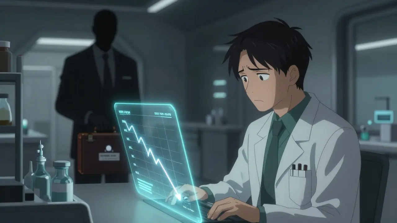 Discouraged researcher looking at low price charts with a shadowy figure in the background