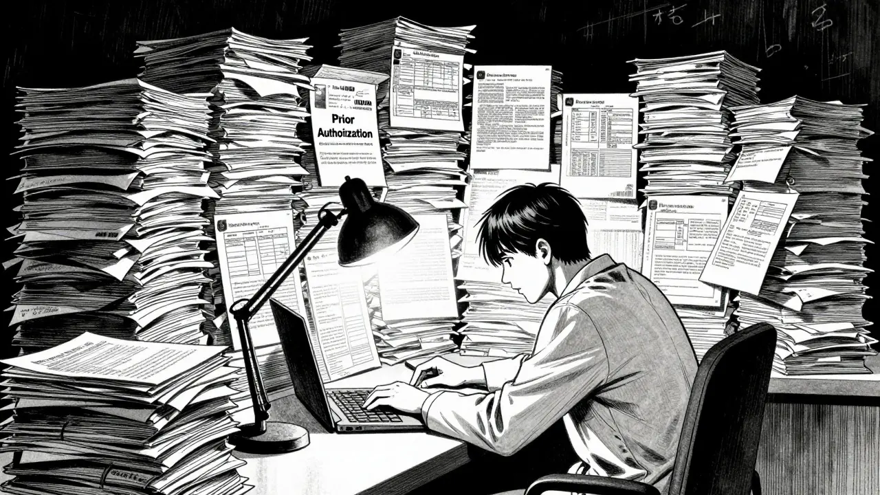 Doctor overwhelmed by tall stacks of paperwork in a high-contrast manga style.