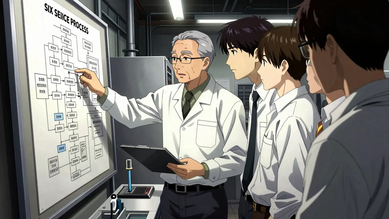 Experienced technician mentoring a junior colleague in a detailed factory setting.