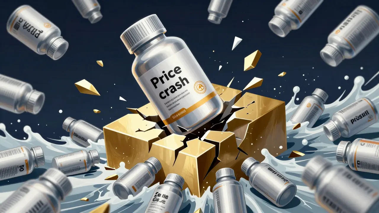 Generic drug bottles crashing through a golden pedestal of a brand-name drug