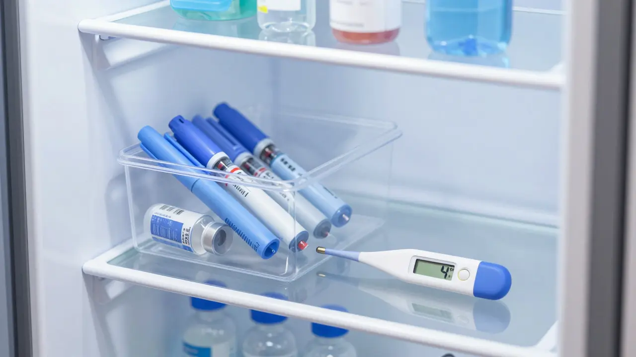 Medications stored in a plastic bin on a middle fridge shelf with a digital thermometer