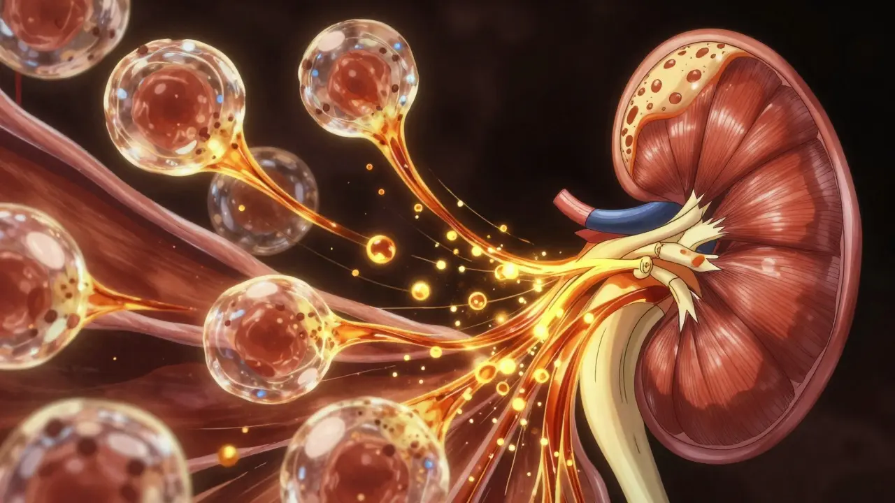 Microscopic view of bursting muscle cells releasing amber proteins toward a kidney