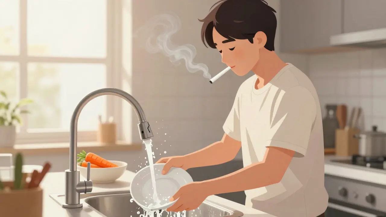 Person washing dishes in a sunlit kitchen to avoid smoking triggers.
