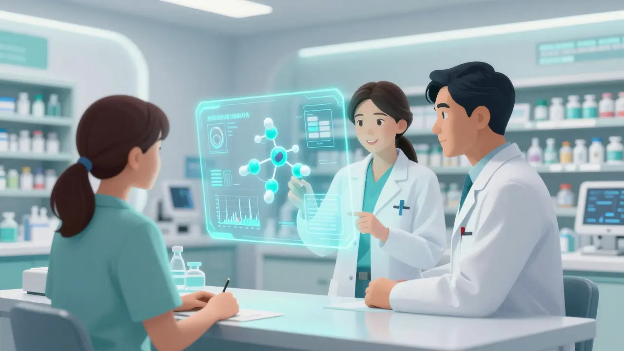 Pharmacist and patient analyzing medication data on a futuristic holographic display.
