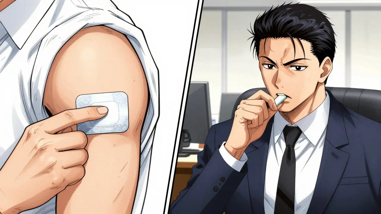 Split screen showing a nicotine patch and a person using a lozenge at work.