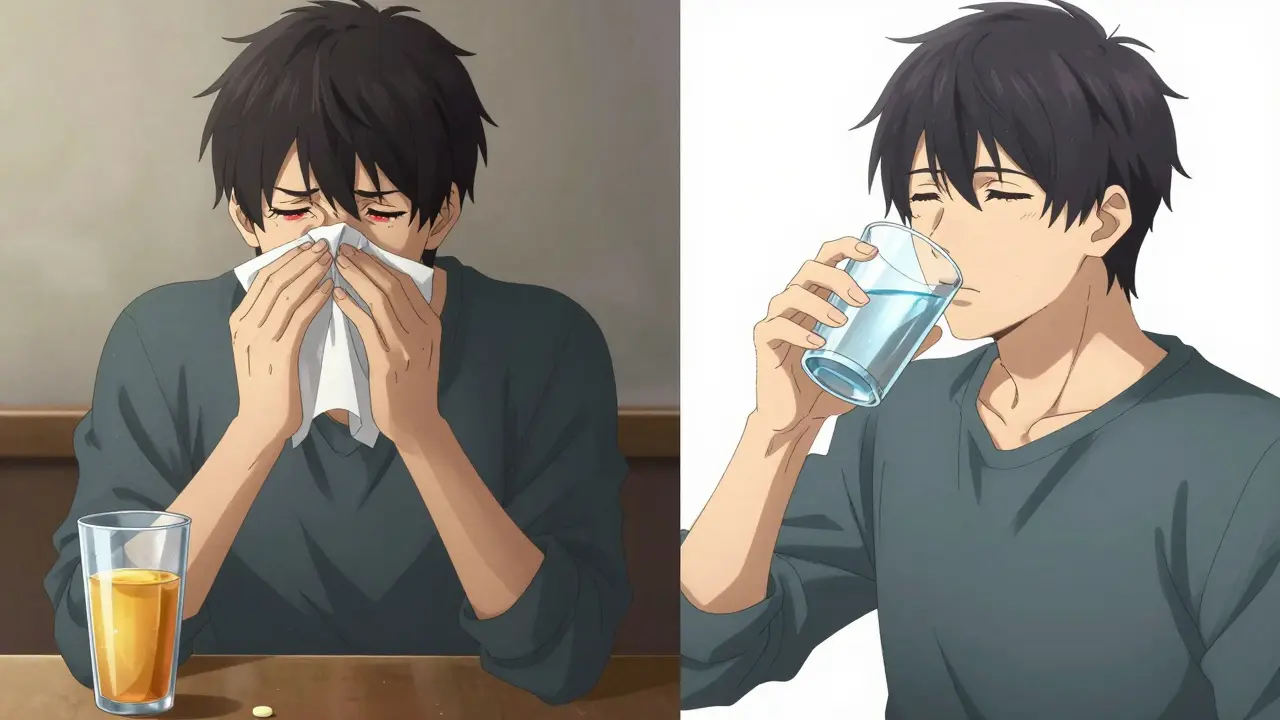 Split screen showing a sneezing man with juice and a healthy man with water