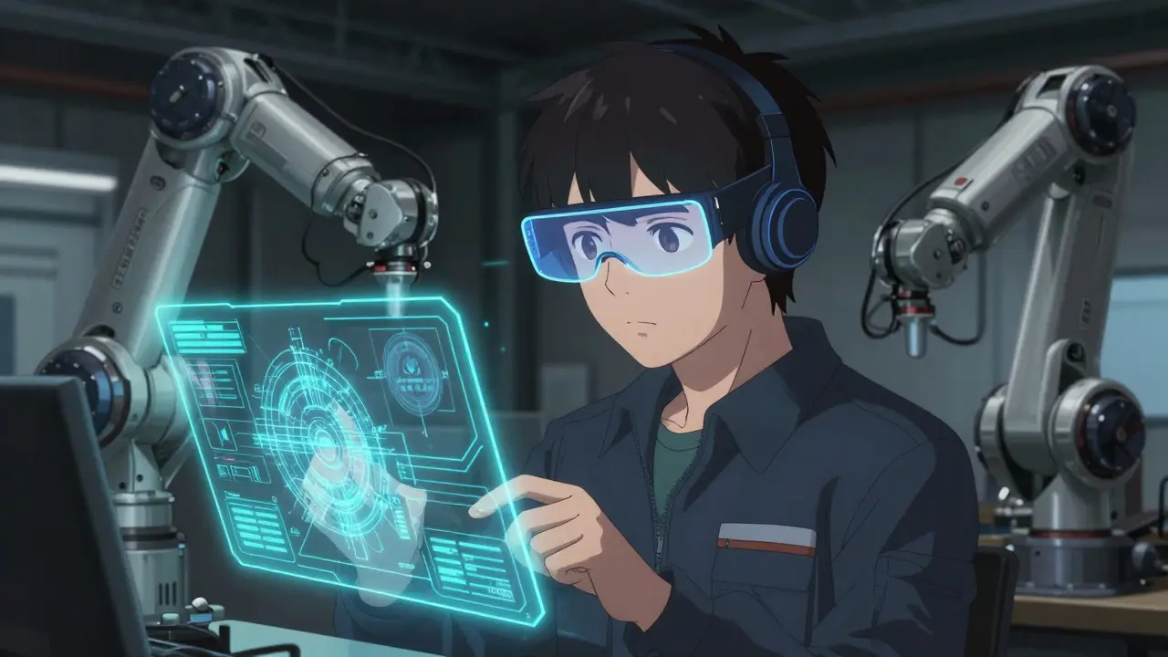 Worker using augmented reality holograms to train on a robotic arm.