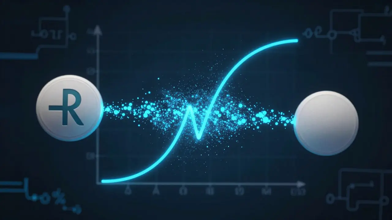 Abstract art showing brand and generic pills merging into data curves