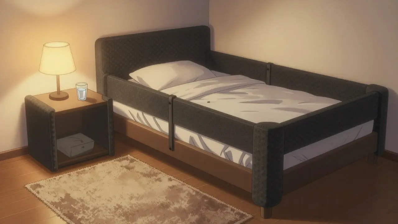 Bedroom padded with safety mats and rails for injury prevention