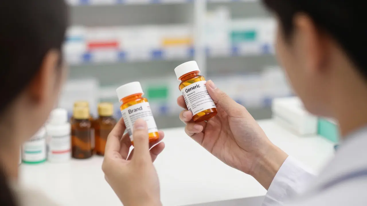 Close-up of a pharmacist explaining medication differences to a patient in a bright pharmacy.
