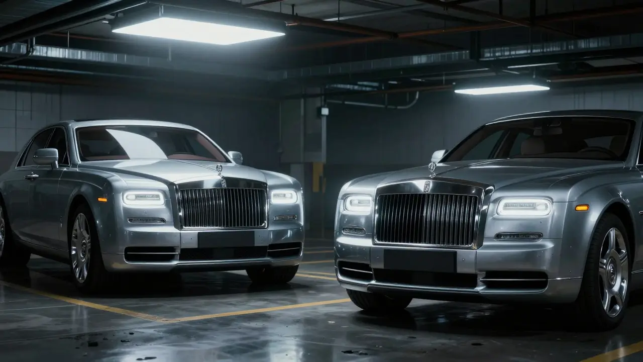 Conceptual art comparing a branded car to an unbranded identical car in a moody garage.