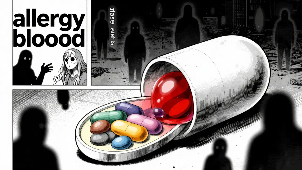 Cross-section of a pill showing hidden allergens and false alert shadows in manga style.
