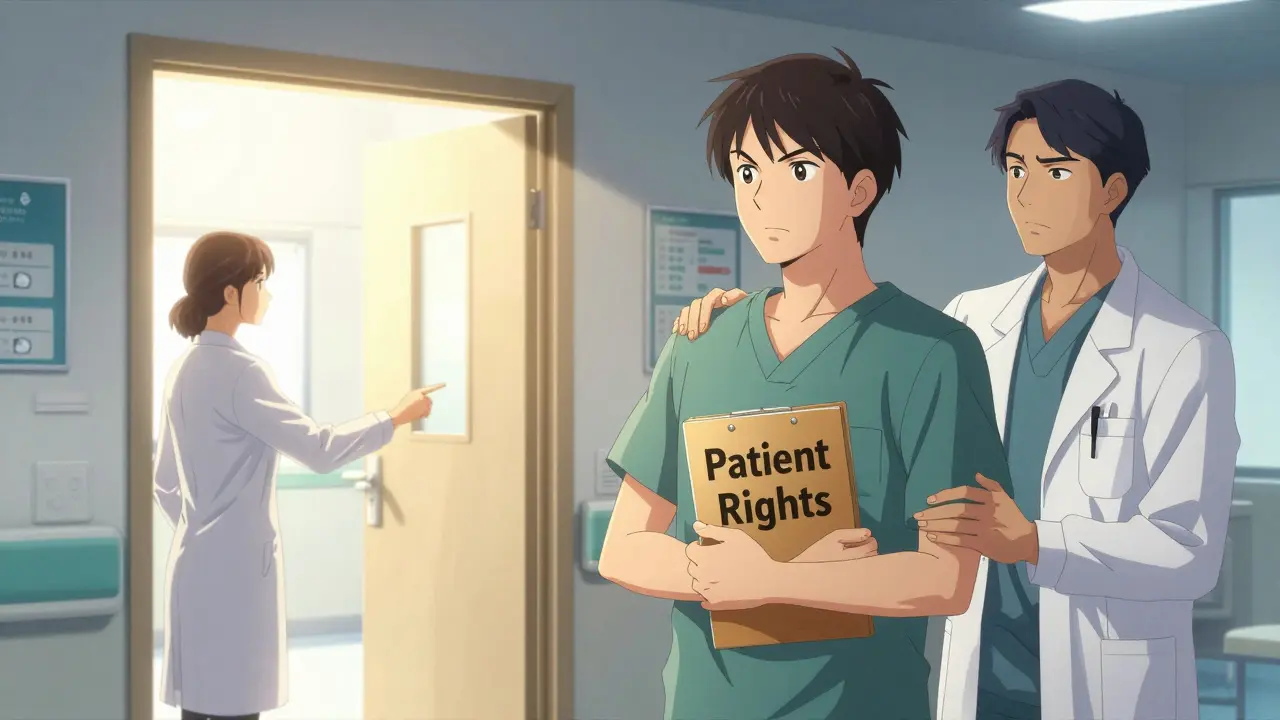 Determined patient and doctor advocating for timely care in a bright hallway.