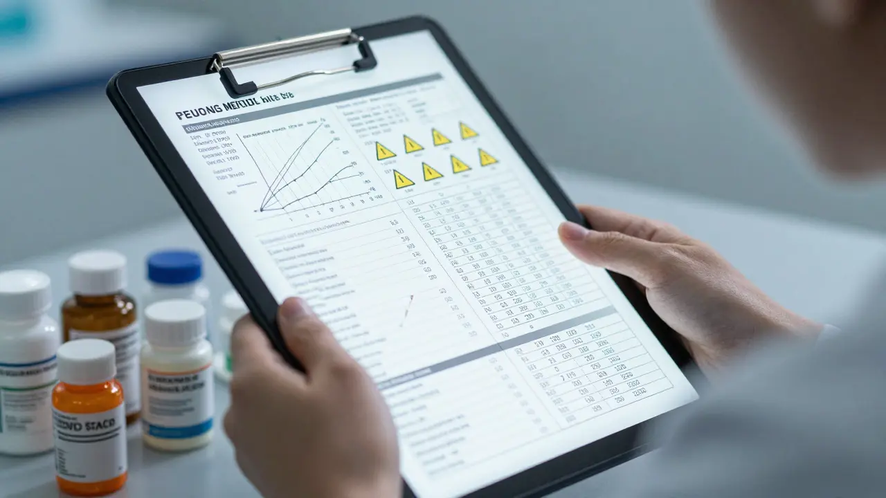 Doctor reviewing medical data with blurred medicine bottles nearby
