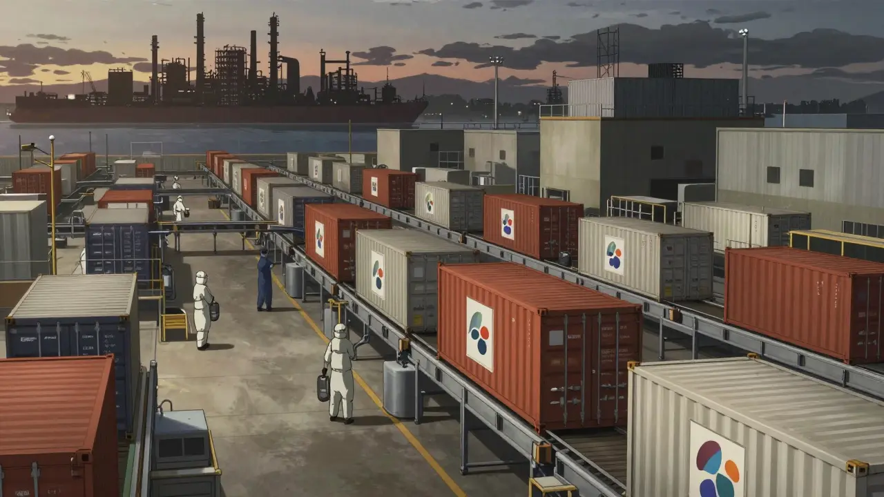 Global pharmaceutical supply chain logistics illustration