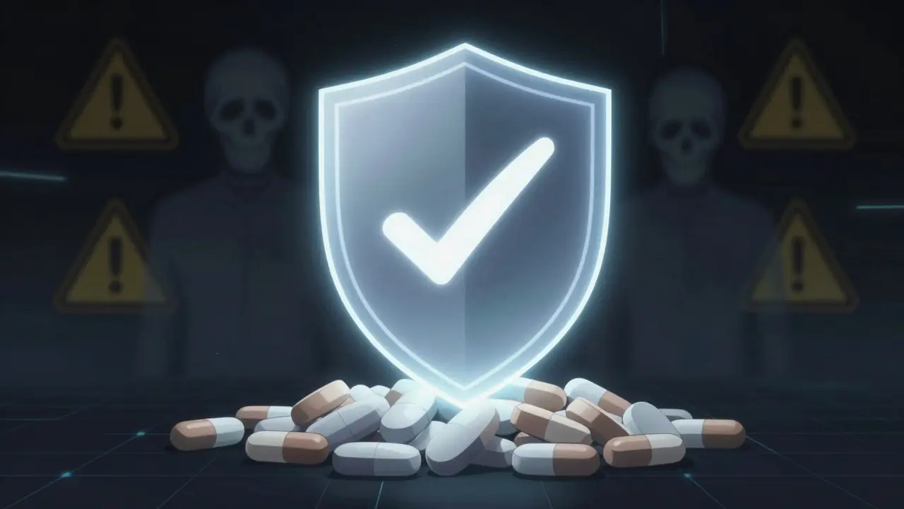 Glowing shield protecting generic pills from hidden dangers