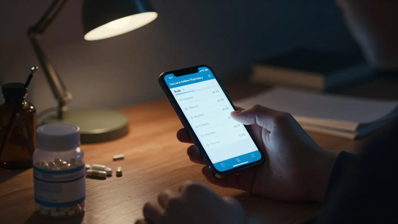 Hand holding phone checking online pharmacy prices at night